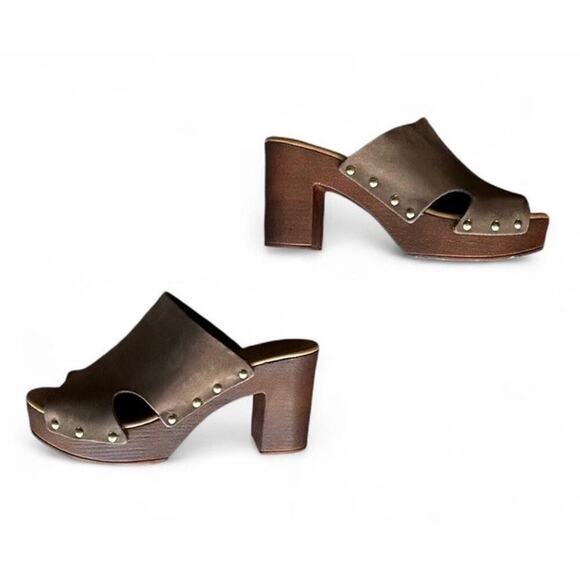 A. Giannetti Italian Brown Leather Block Wood Heel Sandals With Gold Studs 6.5 - Picture 3 of 6